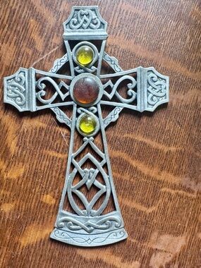 Ornate Celtic Cross Wall Accent with Amber and Yellow Glass Cabochons
